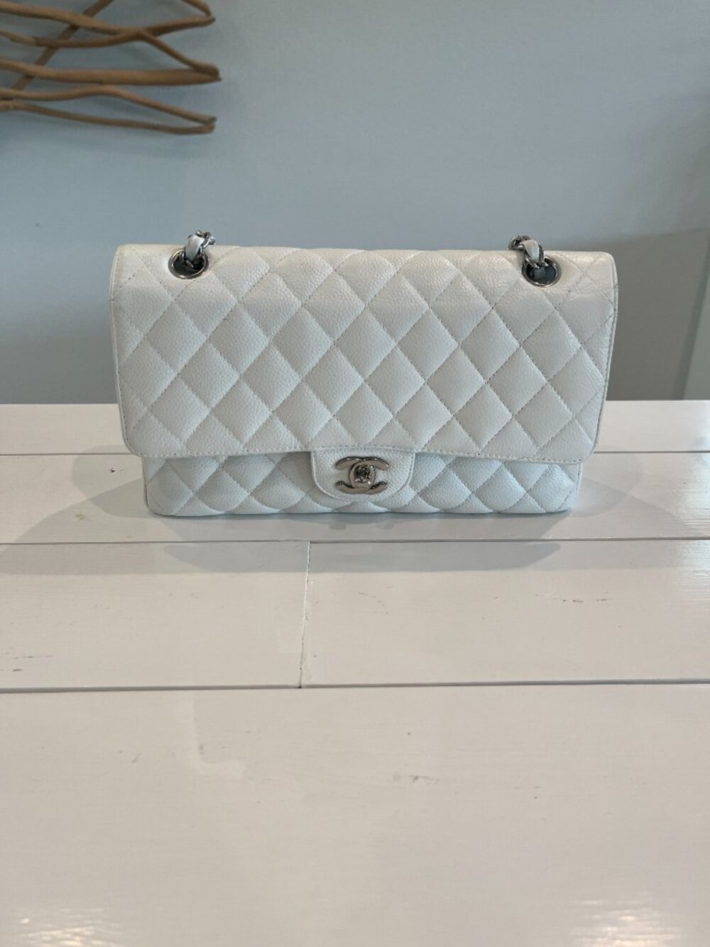 CHANEL White Caviar Medium Double Flap Shoulder Bag with Silver Hardware - Picture 3 of 12